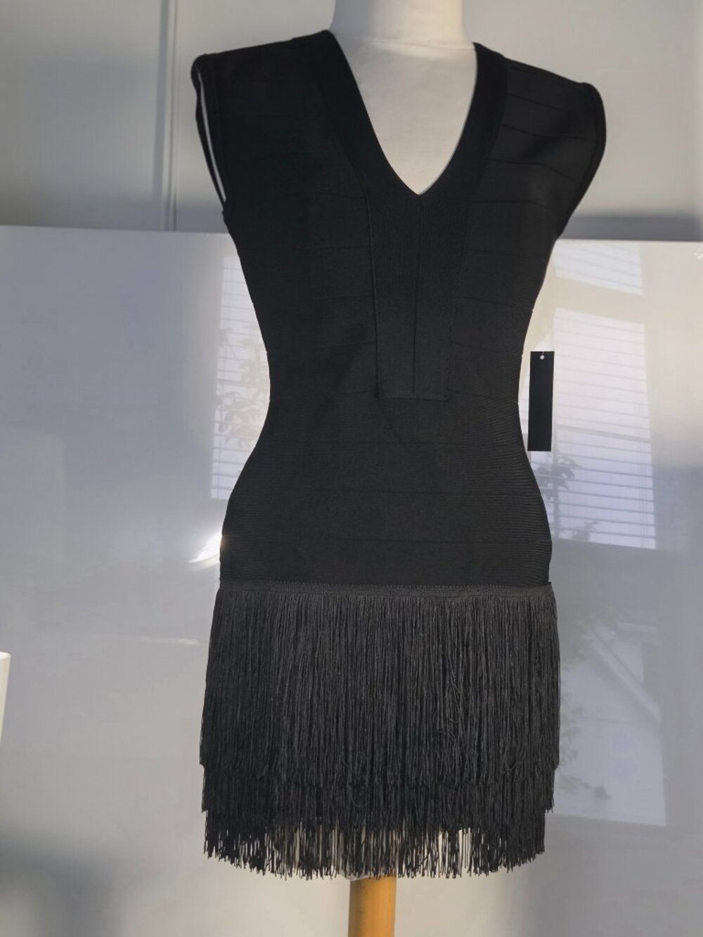 VENUS BANDAGE FRINGE BODYCON MINI DRESS, SIZE 8